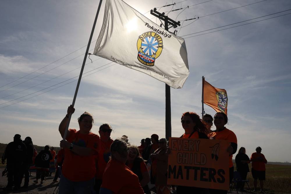 A peaceful protest was held Friday at the entrance to the Turtle Crossing Campground along Grand Valley Road by Sioux Valley Dakota Nation, after the First Nation said it had been notified that the private landowner had denied access for a search for unmarked graves of children who attended the Brandon residential school. (Tim Smith/The Brandon Sun)