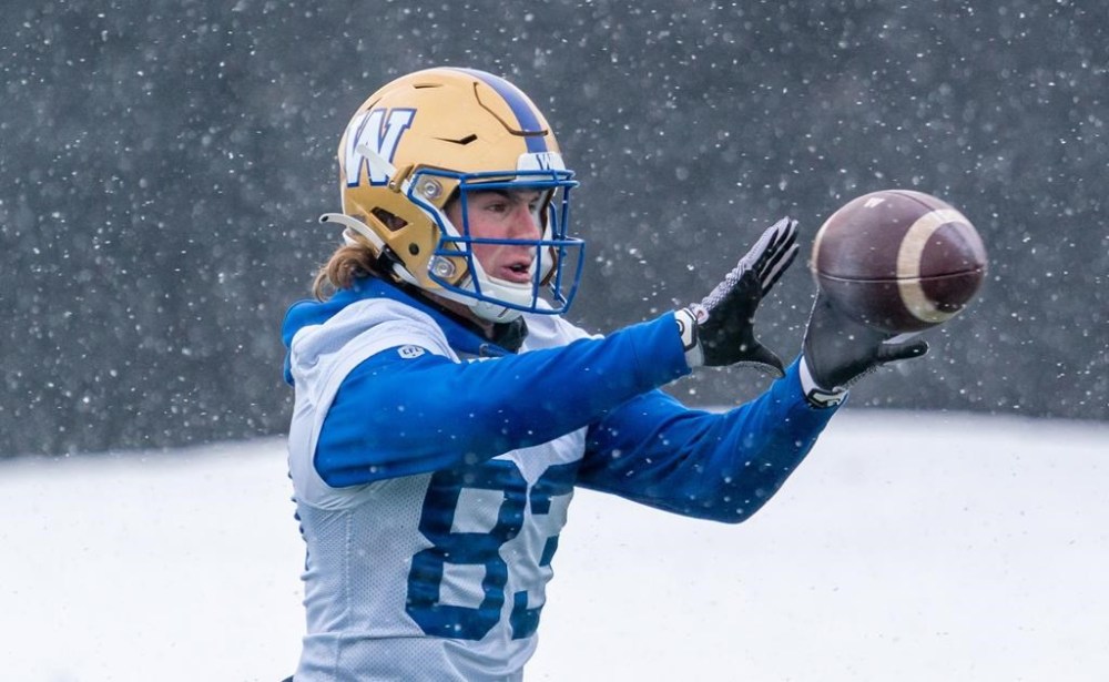 Winnipeg Blue Bombers wide receiver Dalton Schoen (83) catches the football at Leibel Field in Regina, on Wednesday, November 16, 2022. Schoen had never been to Canada and knew little about the Canadian Football League before arriving in Winnipeg for training camp. THE CANADIAN PRESS/Heywood Yu