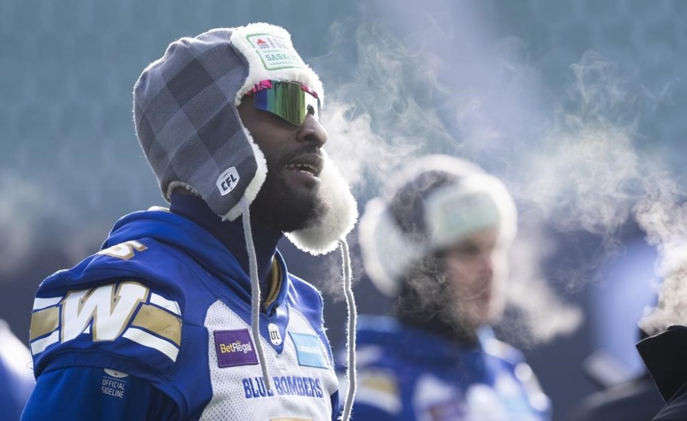 Winnipeg Blue Bombers defensive lineman Willie Jefferson blows a bit of steam during a walk through in Regina, Saturday, Nov. 19, 2022. ;The Blue Bombers announced Saturday that they have signed Jefferson to a one-year contract extension. Jefferson was set to become a free agent in February. THE CANADIAN PRESS/Paul Chiasson