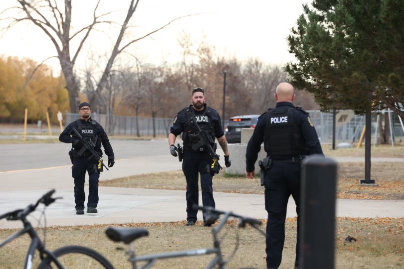 Brandon police are seen outside Crocus Plains Regional Secondary School Tuesday morning. (Tim Smith/The Brandon Sun)