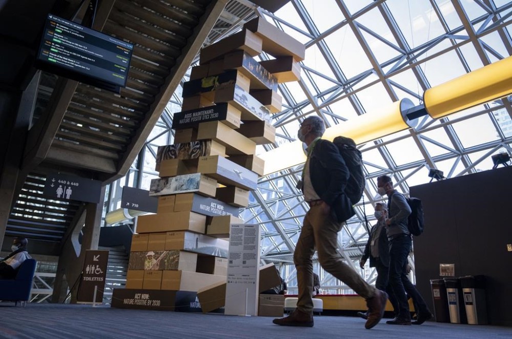 Delegates walk past a giant Jenga-style tower at the COP15 United Nations conference on biodiversity in Montreal on December 8, 2022. THE CANADIAN PRESS/Paul Chiasson