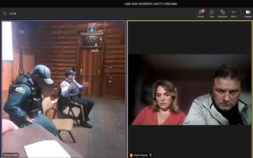 Parks Canada warden Andrew Sokolowski and RCMP Staff Sgt. Dave Porter (left) heard Lake Audy residents' concerns over their safety. Darla and Dean Krupa (right) joined the meeting virtually to repeat their request for an increased presence of park wardens in the area after Wesley Bone, who is facing multiple gun-related charges, promised to return to the area with a group of 35 supporters. (Screenshot)