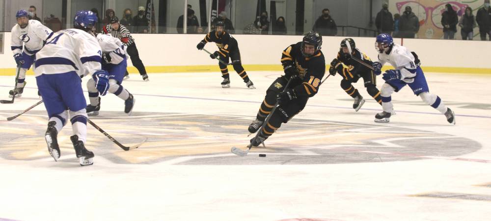 Cole Temple, shown in action with the U15 AAA Brandon Wheat Kings against the Interlake Lightning last season at J&G Homes Arena, helped his team win the first provincial championship in the age group in Brandon history. (Perry Bergson/The Brandon Sun)