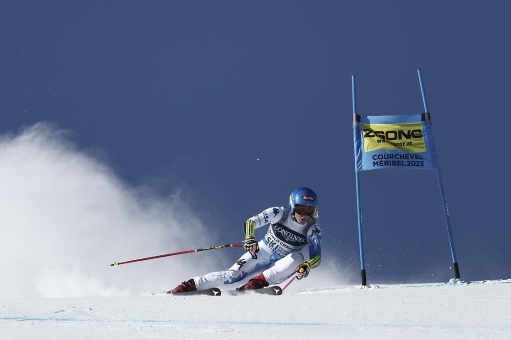 United States' Mikaela Shiffrin speeds down the course during the super G portion of an alpine ski, women's World Championship combined race, in Meribel, France, Monday, Feb. 6, 2023. (AP Photo/Gabriele Facciotti)
