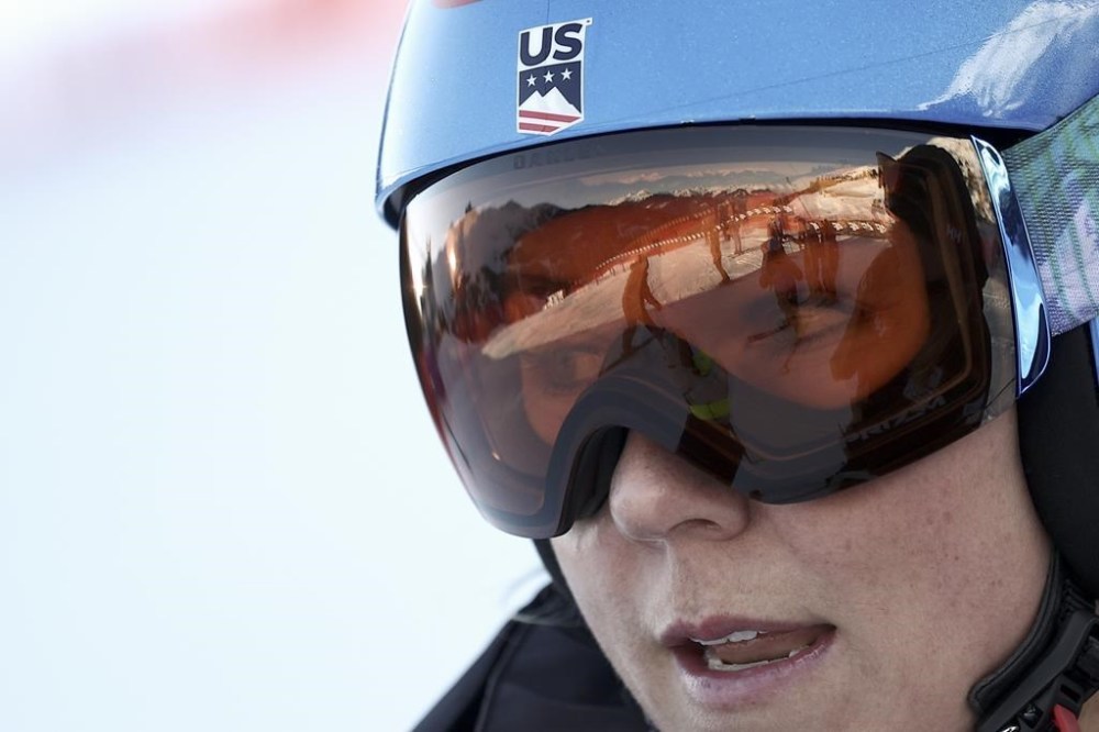 United States' Mikaela Shiffrin is seen during the course inspection ahead of the super G portion of an alpine ski, women's World Championship combined race, in Meribel, France, Monday, Feb. 6, 2023. (AP Photo/Gabriele Facciotti)