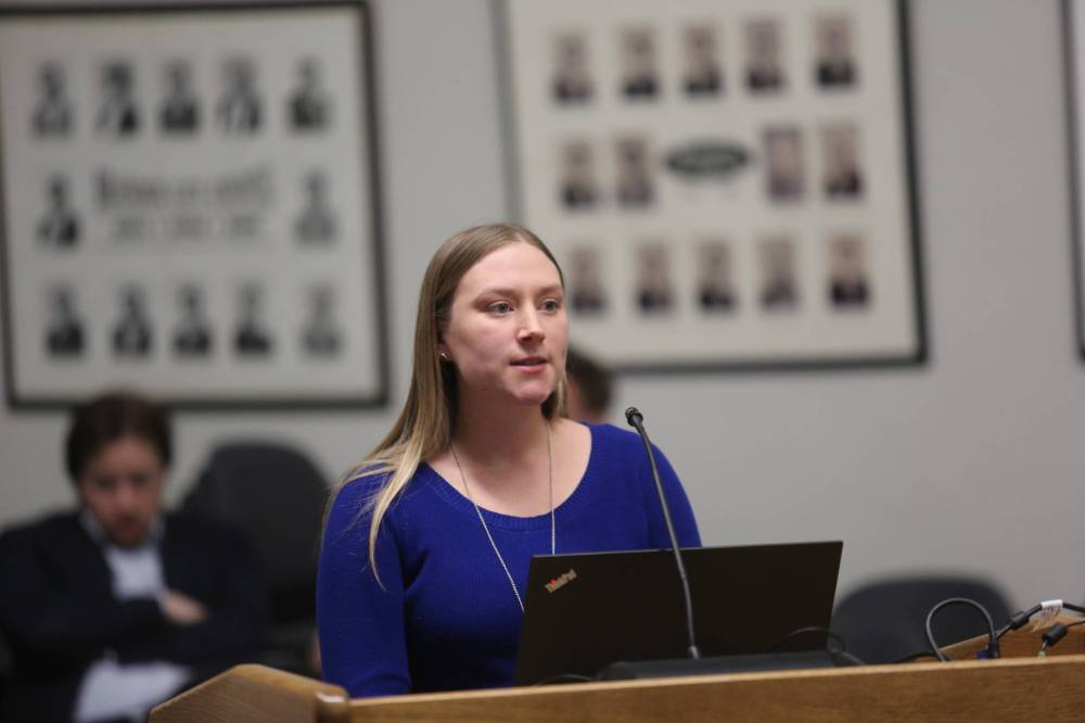 Brandon's manager of strategic infrastructure, Jennifer Coey, provides a progress update on the city's Vision Zero task force at city council on Monday. (Colin Slark/The Brandon Sun)