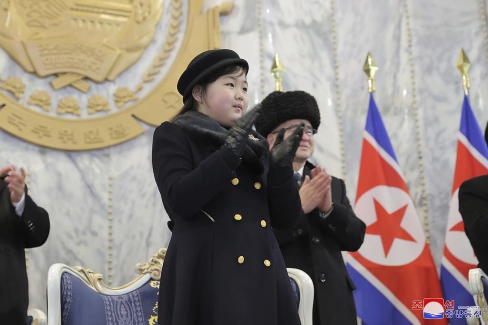 In this photo provided by the North Korean government, daughter of North Korean leader Kim Jong Un attends a military parade to mark the 75th founding anniversary of the Korean People’s Army on Kim Il Sung Square in Pyongyang, North Korea Wednesday, Feb. 8, 2023. Independent journalists were not given access to cover the event depicted in this image distributed by the North Korean government. The content of this image is as provided and cannot be independently verified. Korean language watermark on image as provided by source reads: