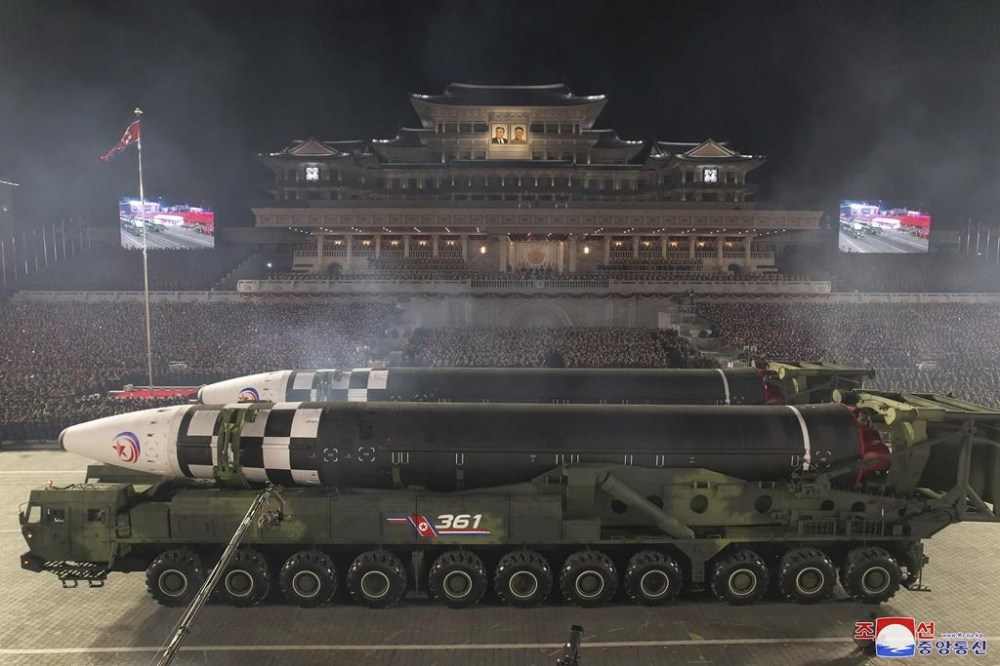 This photo provided by the North Korean government, shows what it says intercontinental ballistic missiles during a military parade to mark the 75th founding anniversary of the Korean People’s Army on Kim Il Sung Square in Pyongyang, North Korea Wednesday, Feb. 8, 2023. Independent journalists were not given access to cover the event depicted in this image distributed by the North Korean government. The content of this image is as provided and cannot be independently verified. Korean language watermark on image as provided by source reads: