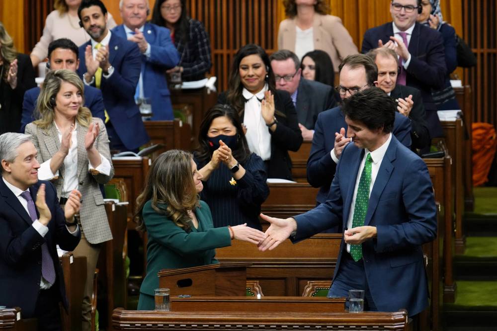 Finance Minister Chrystia Freeland shakes hands with Prime Minister Justin Trudeau after delivering the federal budget in the House of Commons on Parliament Hill in Ottawa in 2023. To paraphrase Freeland, the Liberals’ time in government will inevitably come to an end and, because of her resignation, perhaps sooner than expected, writes Brandon Sun columnist Deveryn Ross. (The Canadian Press)
