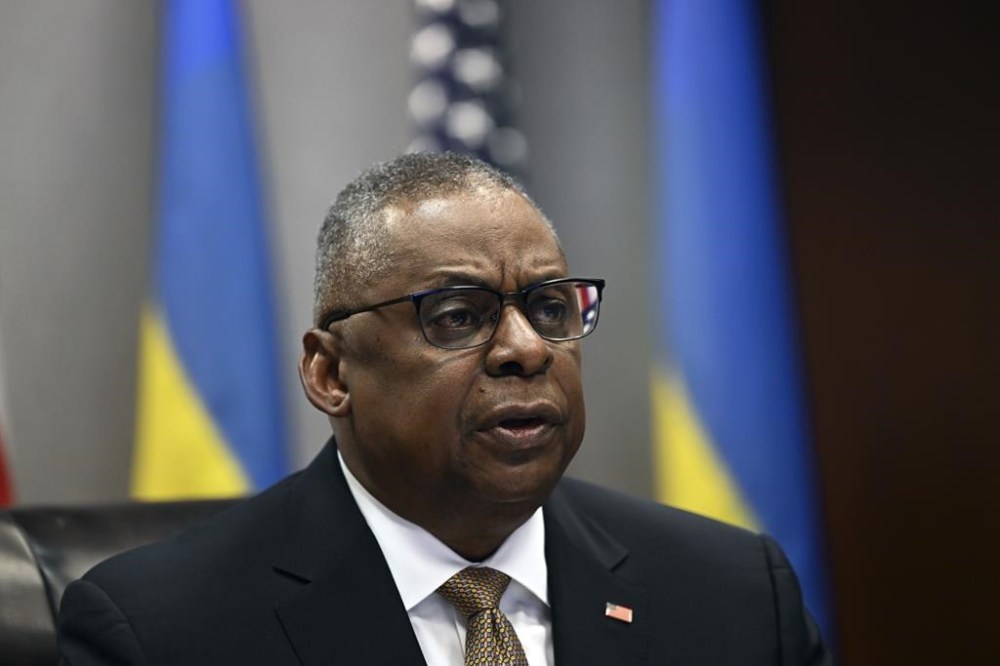 Defense Secretary Lloyd Austin attends a virtual meeting of the Ukraine Defense Contact Group, Wednesday, March 15, 2023, at the Pentagon in Washington. (Andrew Caballero-Reynolds/Pool via AP)