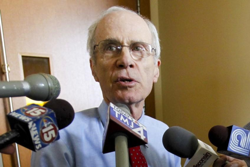 FILE - Wisconsin Secretary of State Doug La Follette speaks to reporters after a hearing on April 1, 2011, in Dane County Circuit Court in Madison, Wis. La Follette resigned on Friday, March 17, 2023 three months into his 10th consecutive term in office. Gov. Tony Evers appointed former Treasurer Sarah Godlewski, who ran for U.S. Senate last year but lost in the primary, to fill out the four-year term. (Michael P. King/Wisconsin State Journal via AP, Pool, File)