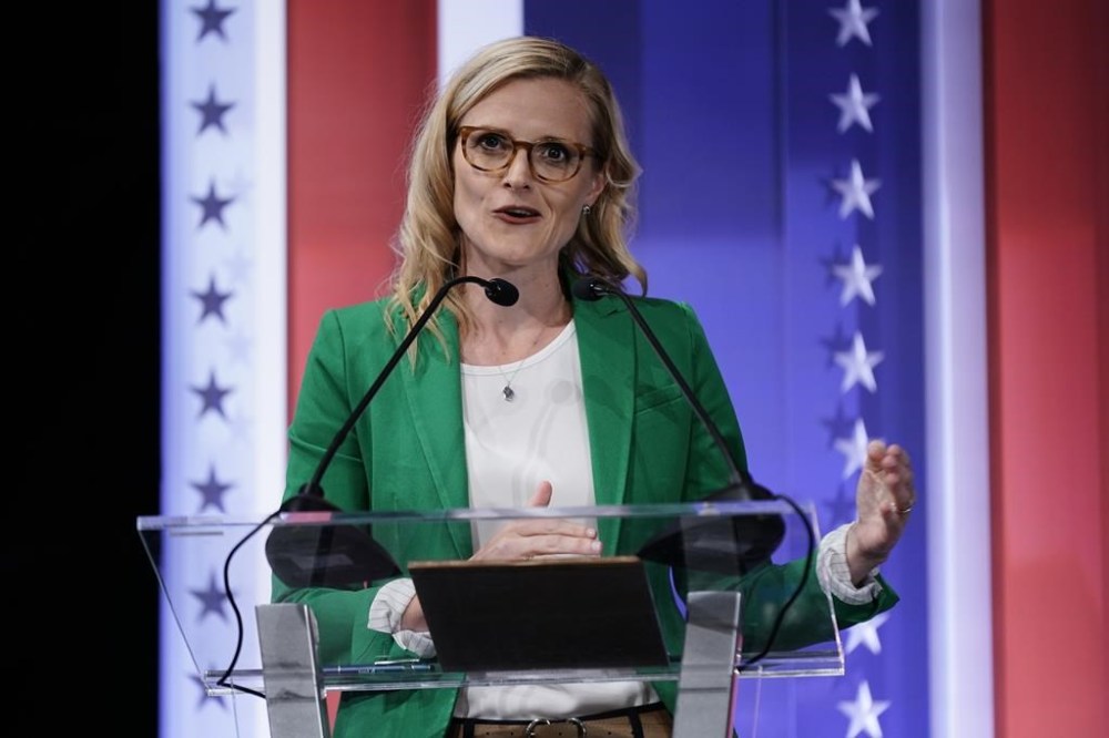 FILE - State treasurer Sarah Godlewski participates in a televised Wisconsin Democratic U.S. Senate debate, on July 17, 2022, in Milwaukee. Secretary of State Doug La Follette resigned on Friday, March 17, 2023, three months into his 10th consecutive term in office. Gov. Tony Evers appointed Godlewskito fill out the four-year term. (AP Photo/Morry Gash, File)