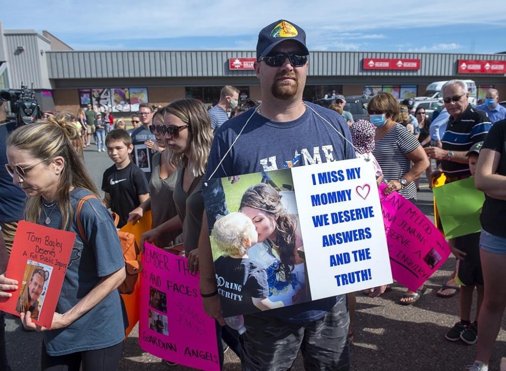 Nick Beaton, whose wife Kristen Beaton was killed in the April mass shooting, attends a march organized by families of victims demanding an inquiry, in Bible Hill, N.S., Wednesday, July 22, 2020. Beaton and the others who lobbied for the inquiry, will see the result of their demands for a full account of what happened, as the inquiry delivers its recommendations for reforms in a 2000-3000 page, seven-volume report. THE CANADIAN PRESS/Andrew Vaughan