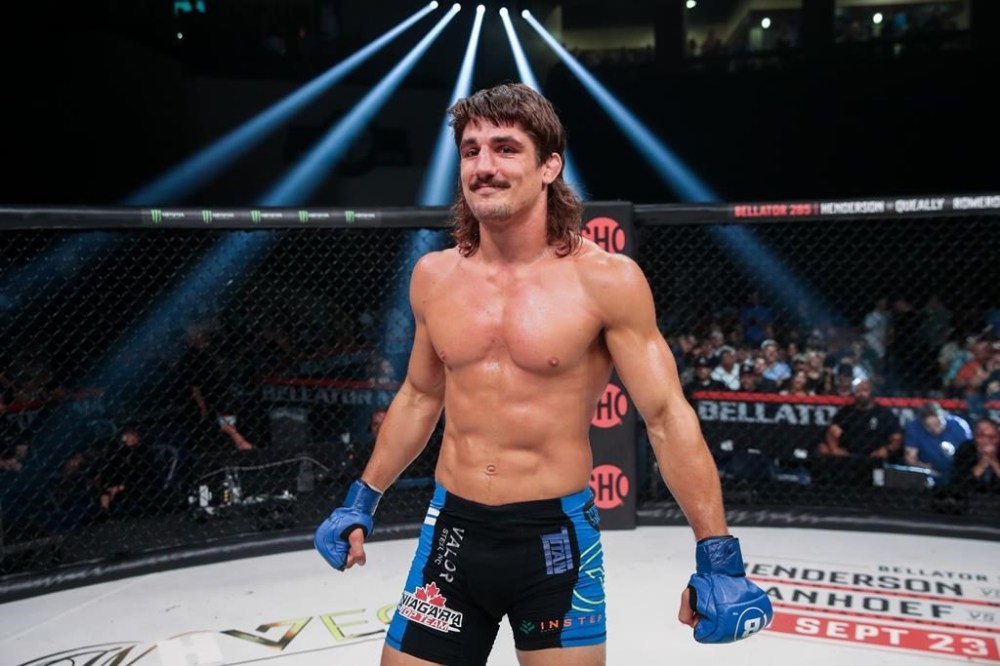 Canadian middleweight Aaron Jeffery celebrates his TKO win over American Austin (The Gentleman) Vanderford at Bellator 284 on Aug. 12, 2022 in Sioux Falls, S.C. There are four Canadians fighting at Bellator 293 on Friday night in Temecula, Calif. Jeffery may be the easiest one to spot — he’s the only one on the main card and the one with a mullet THE CANADIAN PRESS/HO-Bellator-Lucas Noonan**MANDATORY CREDIT** .