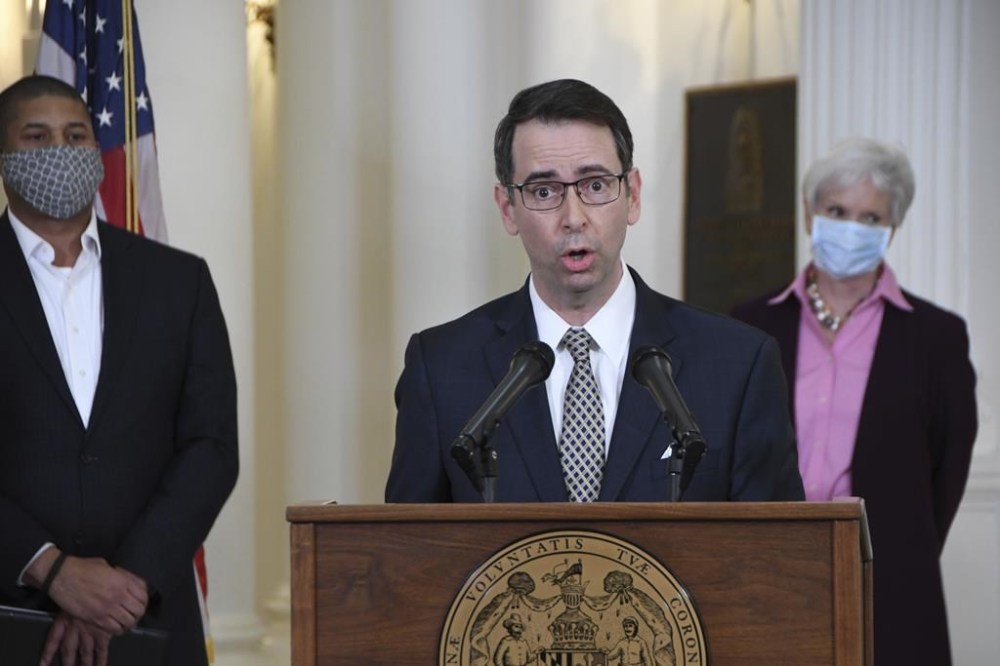 FILE - Roy McGrath, chief executive officer of the Maryland Environmental Service, speaks during a news conference at the State House in Annapolis, Md., on April 15, 2020. Federal authorities offered rewards of up to $20,000 Tuesday, March 28, 2023, as their search continues for former Maryland Gov. Larry Hogan’s ex-chief of staff who failed to appear for trial on corruption charges two weeks ago. (Pamela Wood/The Baltimore Sun via AP, File)