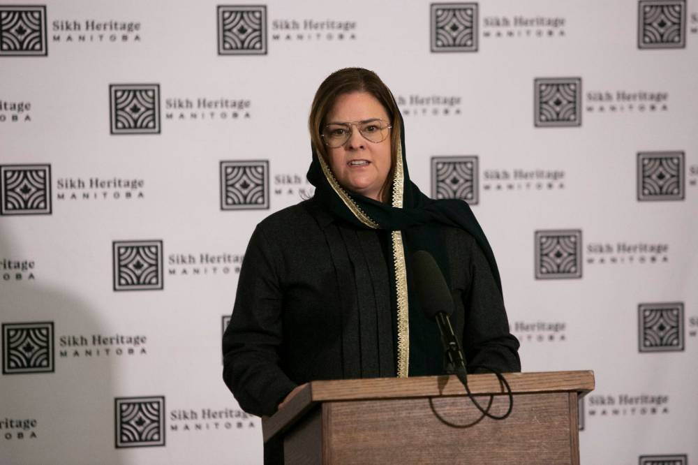 Premier Heather Stefanson addresses the crowd to help kick off Sikh Heritage Month at the Manitoba Legislative Building in Winnipeg on Saturday. The event also featured Sikh Heritage Manitoba&rsquo;s inaugural ceremonial prayer called Ardaas.