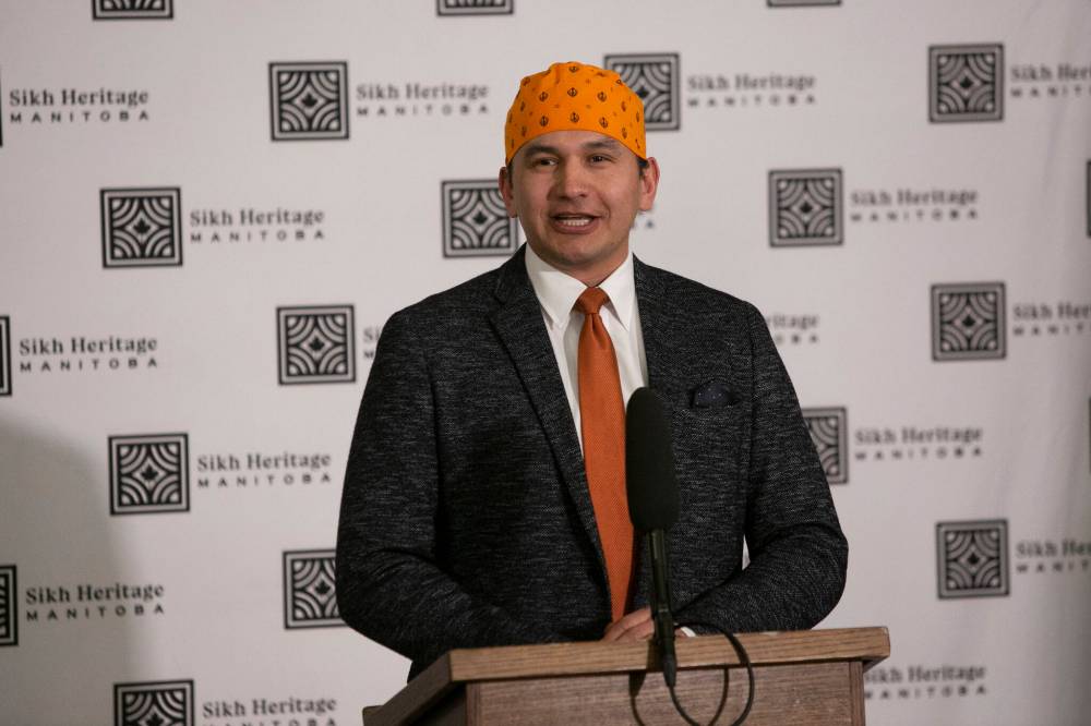 Provincial NDP Leader Wab Kinew speaks during the kickoff to Sikh Heritage Month on Saturday. (Photos by Brook Jones/Winnipeg Free Press)