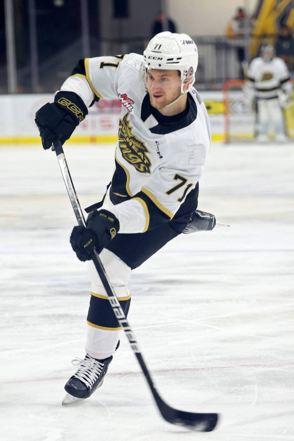 Zakhar Polshakov shoots during the Brandon Wheat Kings season. The Belarusian forward would occupy one of three overage spots and one of two import spots if he makes the roster for the 2023-24 WHL season. (Tim Smith/The Brandon Sun)