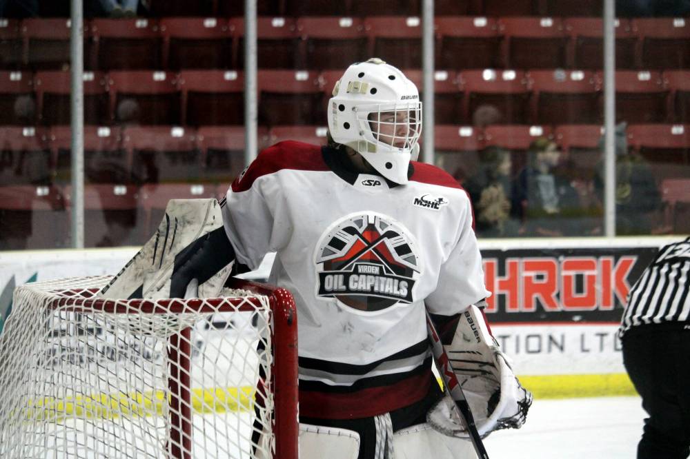 Eric Reid got the start in goal for the Virden Oil Capitals against the Steinbach Pistons on Sunday night after Owen LaRocque went in between the pipes for Game 1 of the Turnbull Cup final on Saturday. (Lucas Punkari/The Brandon Sun)