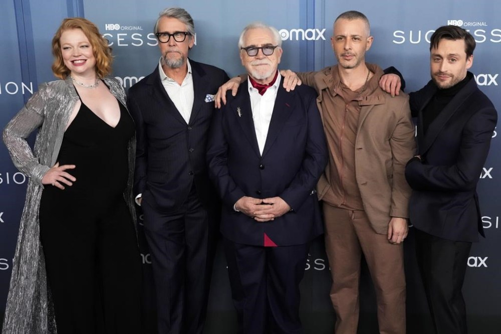 FILE - Sarah Snook, from left, Alan Ruck, Brian Cox, Jeremy Strong and Kieran Culkin attend the premiere of HBO's