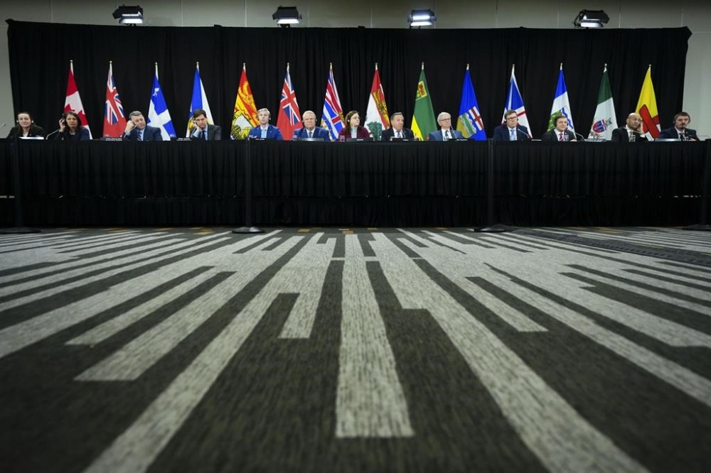 Canada's premiers hold a press conference following a meeting on health care in Ottawa on Tuesday, Feb. 7, 2023. The federal government is aiming to lock in the equalization formula for payments to provinces until 2029, as part of an omnibus motion in Parliament that seeks to implement budget measures. THE CANADIAN PRESS/Sean Kilpatrick