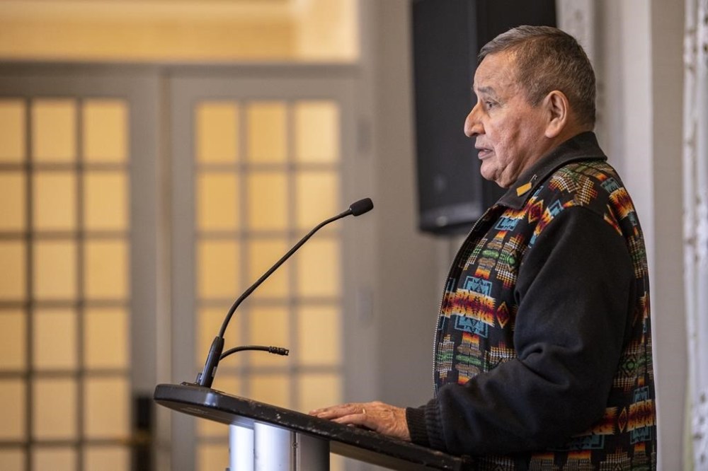 Grand Chief Stewart Phillip, president of the Union of British Columbia Indian Chiefs (UBCIC) speaks in Saskatoon, Sask., Wednesday, April 5, 2023. Indigenous leaders in British Columbia say a $200 million provincial government fund will help First Nations participate fully in the implementation of the United Nations Declaration on the Rights of Indigenous Peoples.THE CANADIAN PRESS/Liam Richards