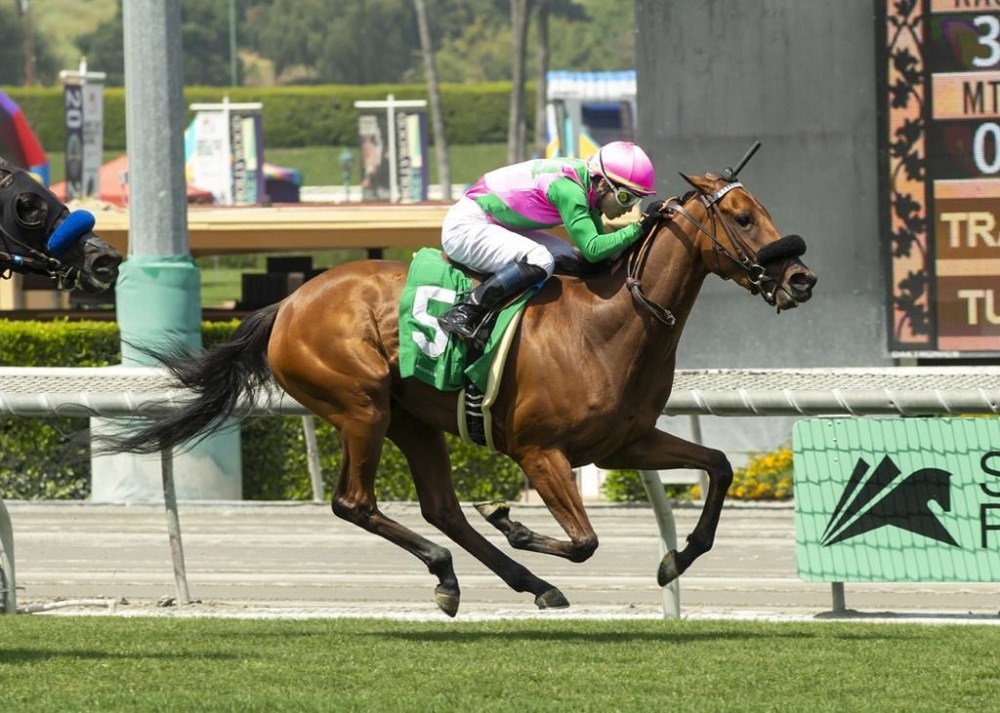 In a photo provided by Benoit Photo, Strand Beach's Paris Secret and jockey Kazushi Kimura, right, win the Grade III $100,000 Providencia Stakes Saturday, April 29, 2023 at Santa Anita Park in Arcadia, Calif.THE CANADIAN PRESS/AP-Benoit Photo via AP