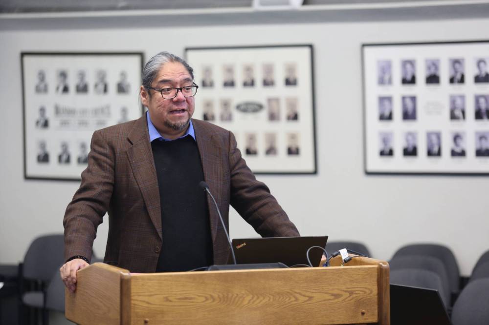 Maeengan Linklater of Dakota Ojibway Tribal Council speaks to Brandon City Council on Monday about the city formally acknowledging the residential school system as an act of genocide. Council voted 7-4 to defer making an acknowledgement so the city can receive legal advice on potential consequences. (Colin Slark/The Brandon Sun)