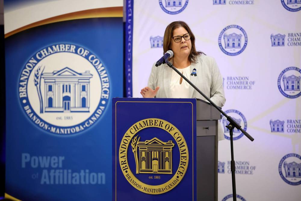 Manitoba Premier Heather Stefanson delivers the state of the province address during the Brandon Chamber of Commerce luncheon at the Keystone Centre on Thursday. (Tim Smith/The Brandon Sun)