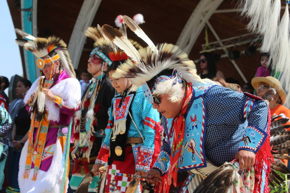 Indigenous dancers from Sioux Valley perform in front of a crowd of hundreds during Wednesday's celebration. (Photos by Michele McDougall/The Brandon Sun)