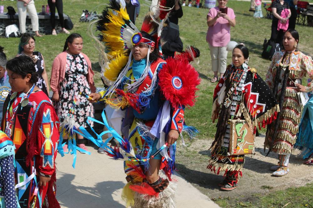 Indigenous dancers from Sioux Valley Dakota Nation dance in front of a crowd of hundreds during the Our Journey, Indigenous Student Graduation Celebration at the Riverbank Discovery Centre in Brandon on Wednesday. (Photos by Michele McDougall/The Brandon Sun)