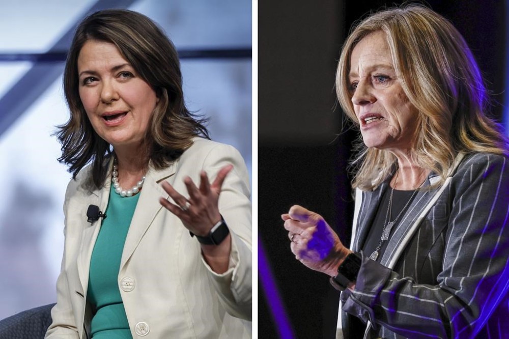 This compilation photo shows Premier Danielle Smith (left) as she speaks at an economic forum in Calgary, Tuesday, April 18, 2023 and NDP Opposition Leader Rachel Notley as she addresses the Calgary Chamber of Commerce on Thursday, Dec. 15, 2022. THE CANADIAN PRESS/Jeff McIntosh