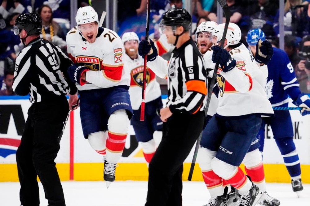 Florida Panthers forward Nick Cousins (21) celebrates his game-winning goal over the Toronto Maple Leafs in overtime NHL second round Stanley Cup playoff hockey action in Toronto, on Friday, May 12, 2023. THE CANADIAN PRESS/Frank Gunn