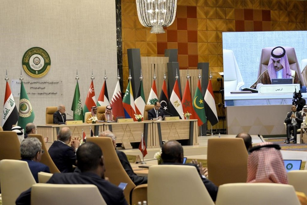 In this photo provided by Saudi Press Agency, SPA, Saudi Foreign Minister Faisal bin Farhan, speaks during the Arab foreign ministers meet ahead of the Arab summit in Jeddah, Saudi Arabia, Wednesday, May 17, 2023. (Saudi Press Agency via AP)