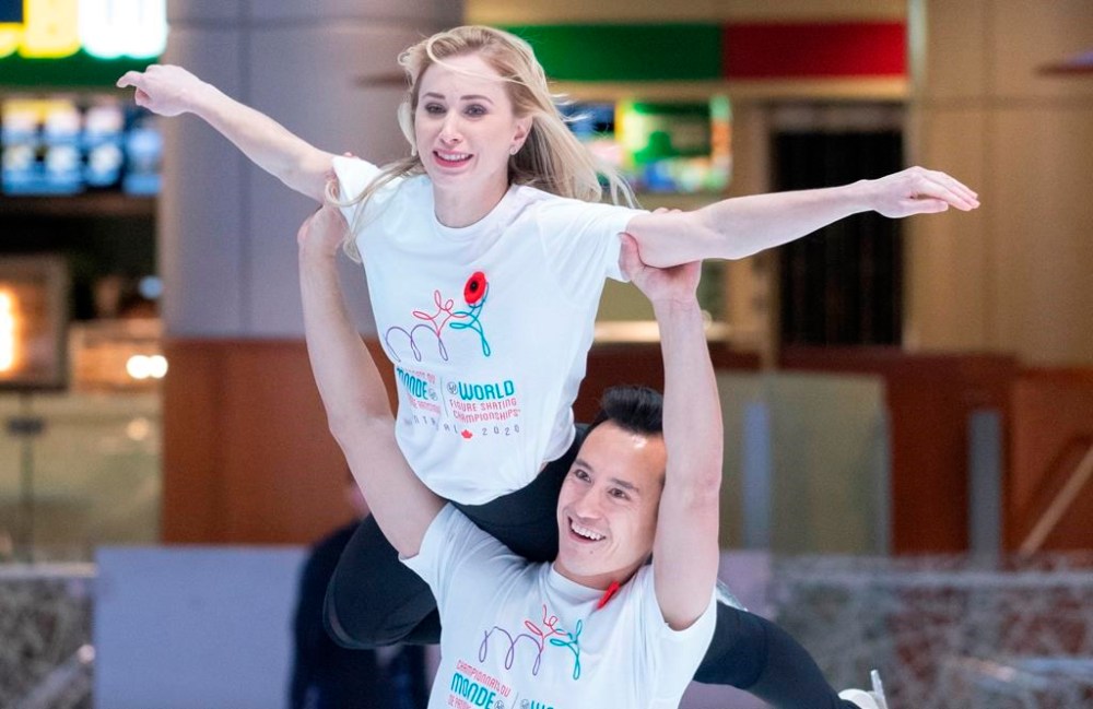 Canadian figure skater Patrick Chan lifts compatriot Joannie Rochette at an event in Montreal on November 4, 2019. THE CANADIAN PRESS/Paul Chiasson