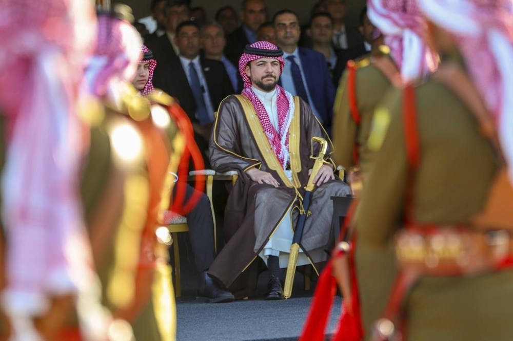 Crown Prince Hussein attends a celebration in Amman, Jordan, on Wednesday, May 31, 2023, a day before his wedding to Saudi architect Rajwa Alseif. (Royal Hashemite Court via AP)