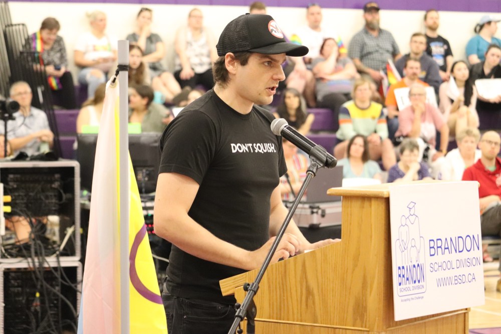 Local parent Mike Theriault was one of only two speakers who publicly supported the creation of a LGBTQ+ book review committee during Tuesday's Brandon School Division meeting at Vincent Massey High School. (Kyle Darbyson/The Brandon Sun)