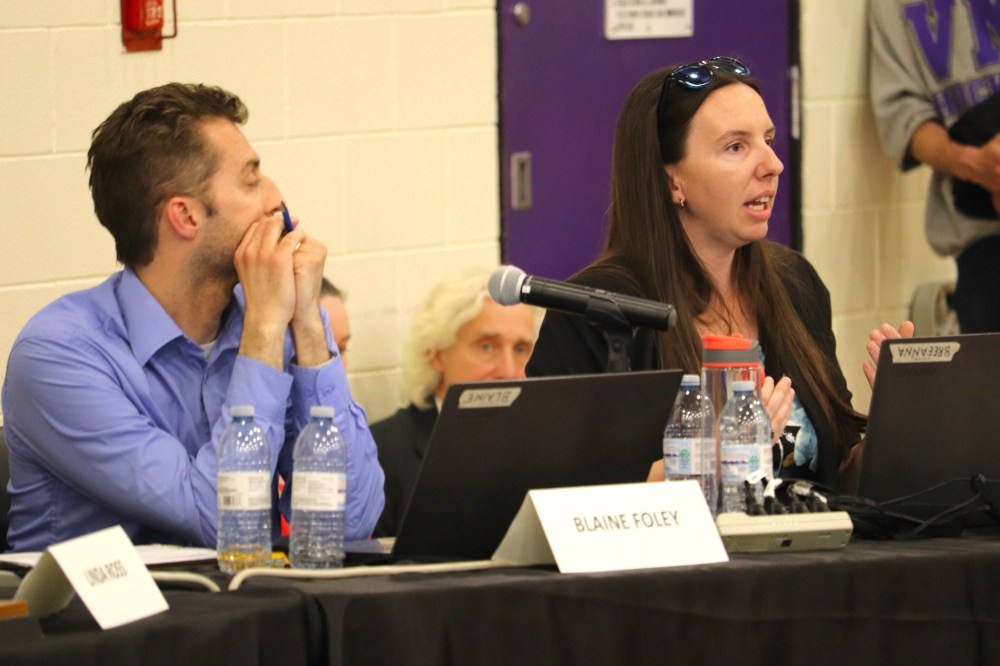 Brandon School Division trustee Breeanna Sieklicki (right) explains her support for a book review committee during a late May meeting that saw the school board reject the idea. The proposed committee could have banned LGBTQ+ materials from school libraries. A recent decision in the Louis Riel School Division to suspend a trustee for violating that division's code of conduct should prompt the Brandon division to take a look at Sieklicki's comments and actions surrounding the book review committee issue. (File)