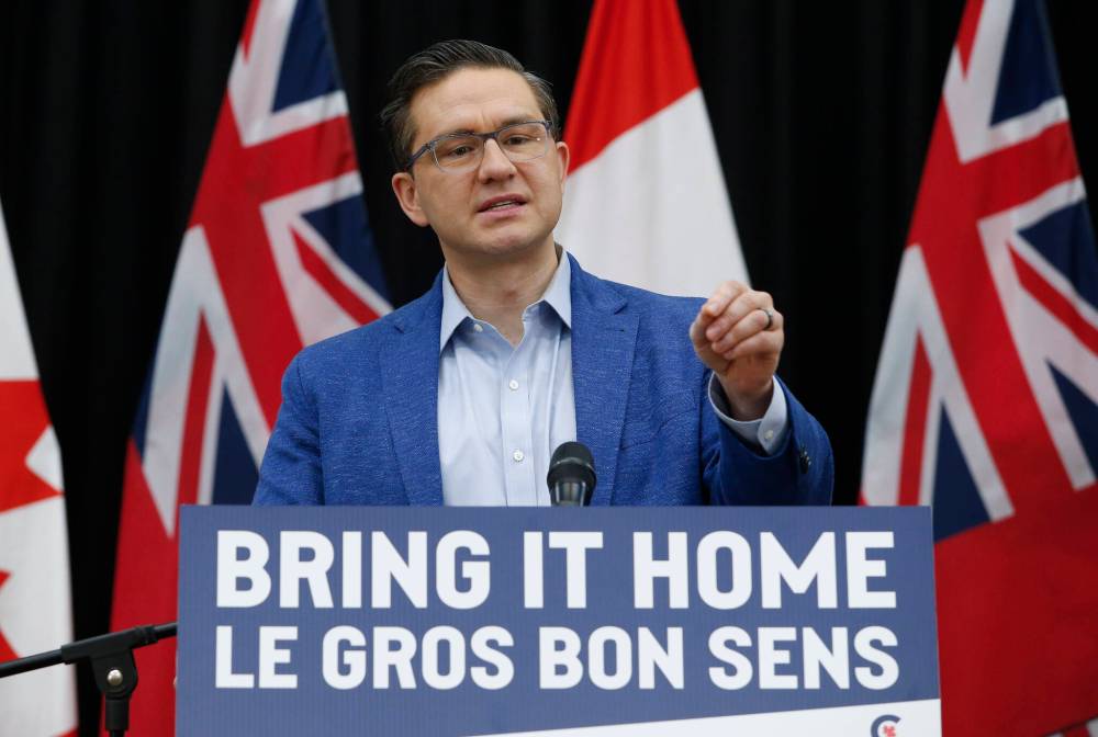 Federal Conservative Party of Canada Leader Pierre Poilievre speaks to media in Winnipeg on Friday. Poilievre came to Manitoba on Friday to campaign for Tory candidates in a pair of byelections, and he also spoke to the Sun's Colin Slark. (The Canadian Press)