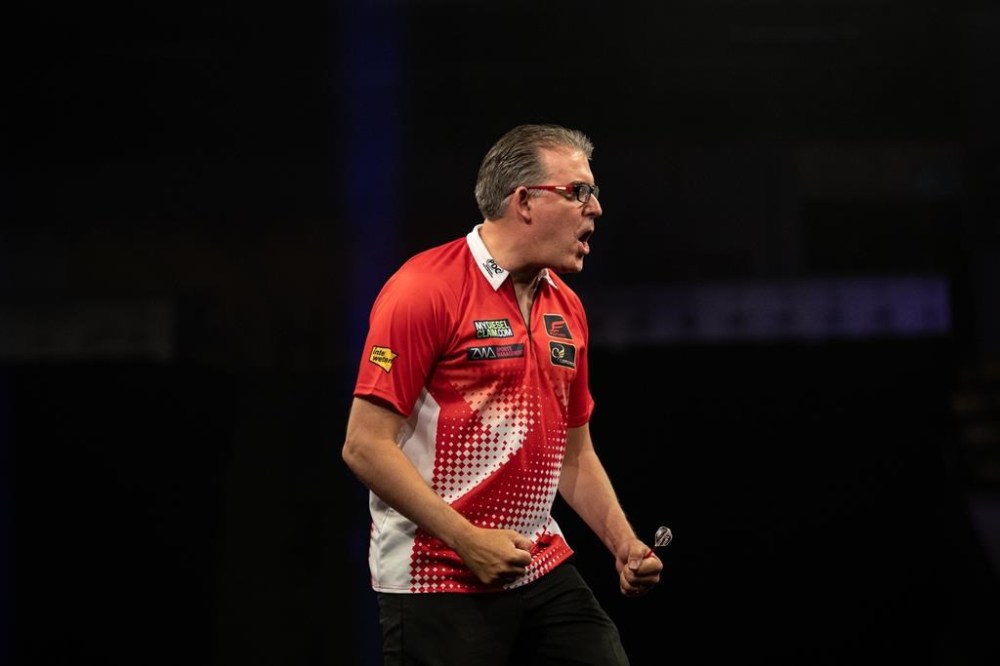 Canada's Jeff (The Silencer) Smith of Hampton, N.B., is shown during a 4-1 win over Hungary at the My Diesel Claim World Cup of Darts in Frankfurt, Germany in this Friday, June 16, 2023 handout photo. THE CANADIAN PRESS/HO, Jonas Hunold/PDC *MANDATORY CREDIT*