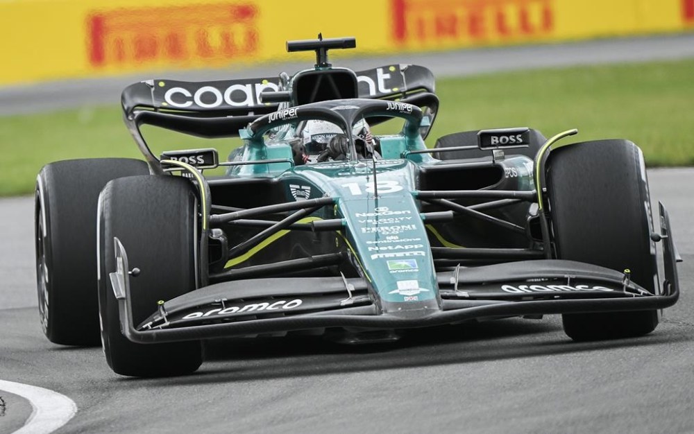 Aston Martin driver Lance Stroll of Canada takes a turn at the Senna corner during the Canadian Grand Prix in Montreal, Sunday, June 18, 2023. THE CANADIAN PRESS/Graham Hughes