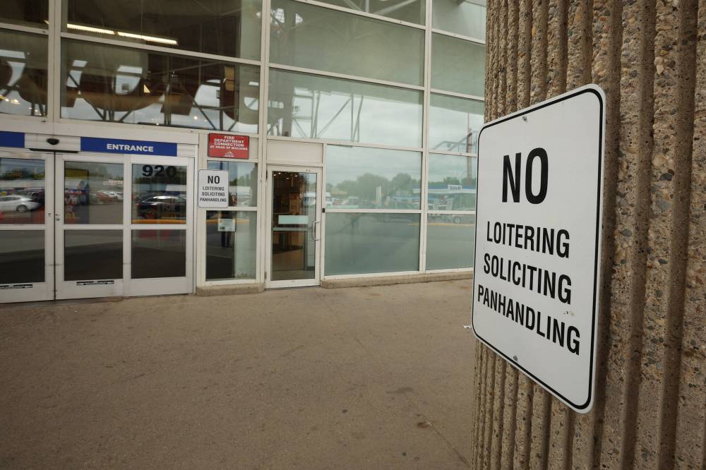 No loitering, soliciting or panhandling signs are shown outside the Great Canadian Superstore. The constitutionality of Brandon's new community standards bylaw has been called into question, and will be again according to the agenda for tonight's council meeting. (File)