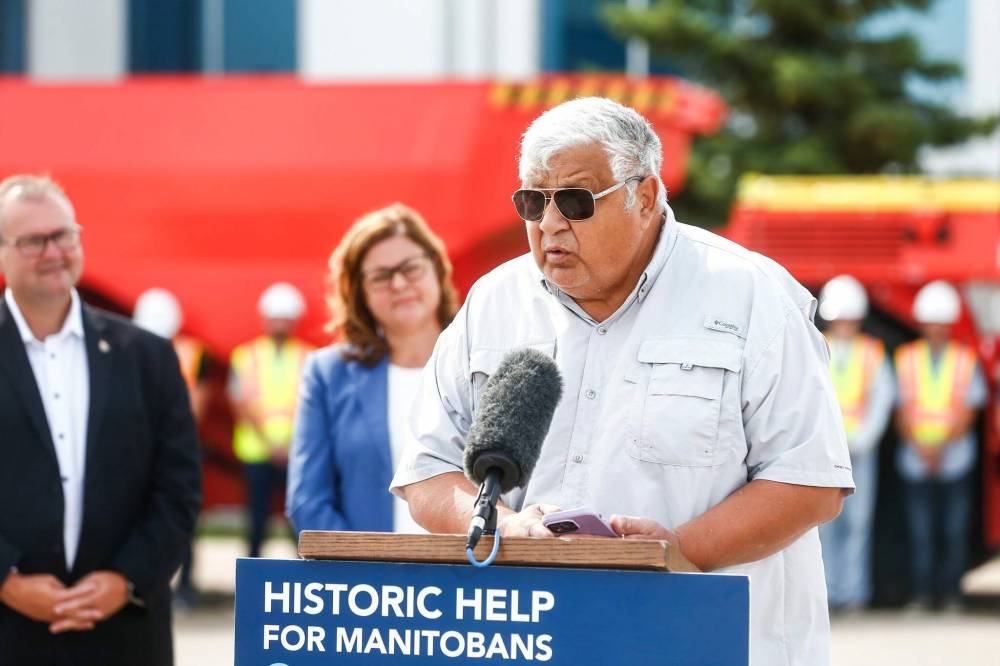 Gambler First Nation Chief David LeDoux speaks at the province’s Critical Minerals Strategy announcement in Winnipeg on July 25. The province announced on Monday that it is contributing $6.7 million to a feasibility study for the NeeStaNan Utility Corridor project, an Indigenous-led resource initiative that involves Gambler. (File)