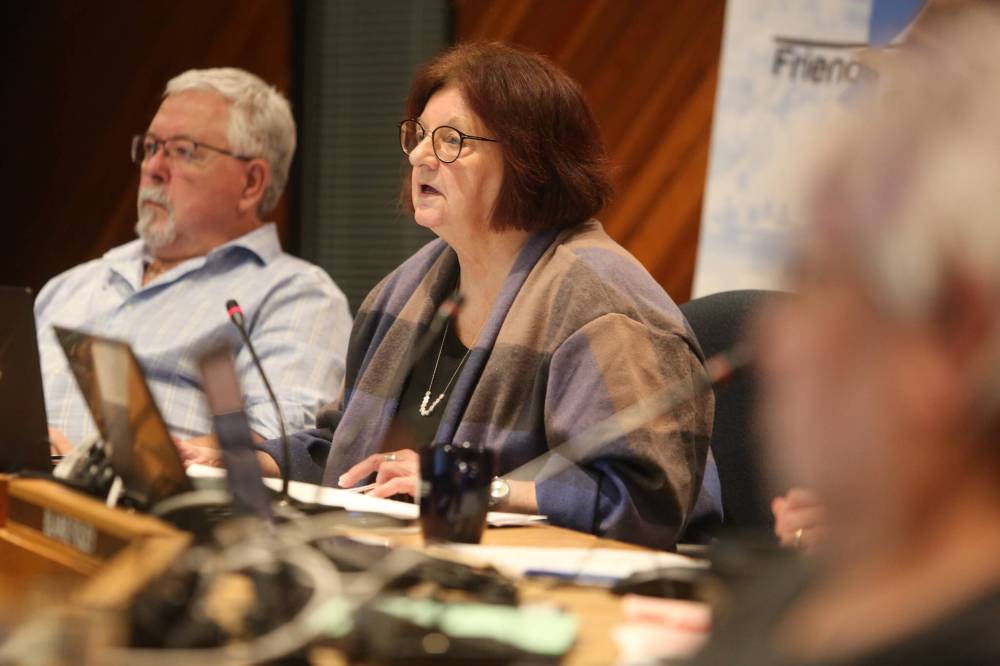 Brandon School Division board of trustees chair Linda Ross, seen during budget deliberations earlier this year, says she's not taking the notices of liability received by trustees seriously.