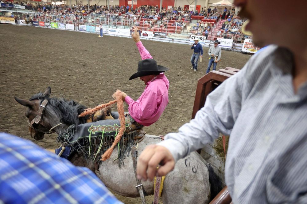 Tyler Winters explodes out of the chute atop a horse during the Saddle Bronc event at the Friday night go round of the Virden Indoor Rodeo at Tundra Oil & Gas Place. (Tim Smith/The Brandon Sun)