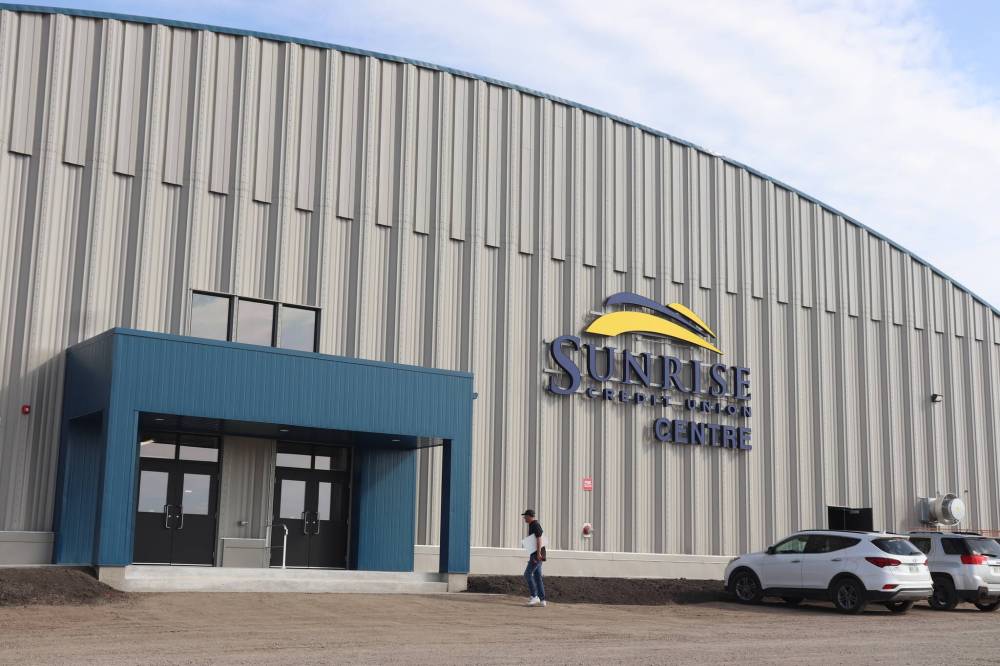 The exterior of Minnedosa’s new Sunrise Credit Union Centre on Saturday morning, hours before the facility’s grand opening ceremony was scheduled to take place. The Sunrise Credit Union Centre will replace the Minnedosa District Arena, which has fallen into disrepair over the last couple decades. (Kyle Darbyson/The Brandon Sun)