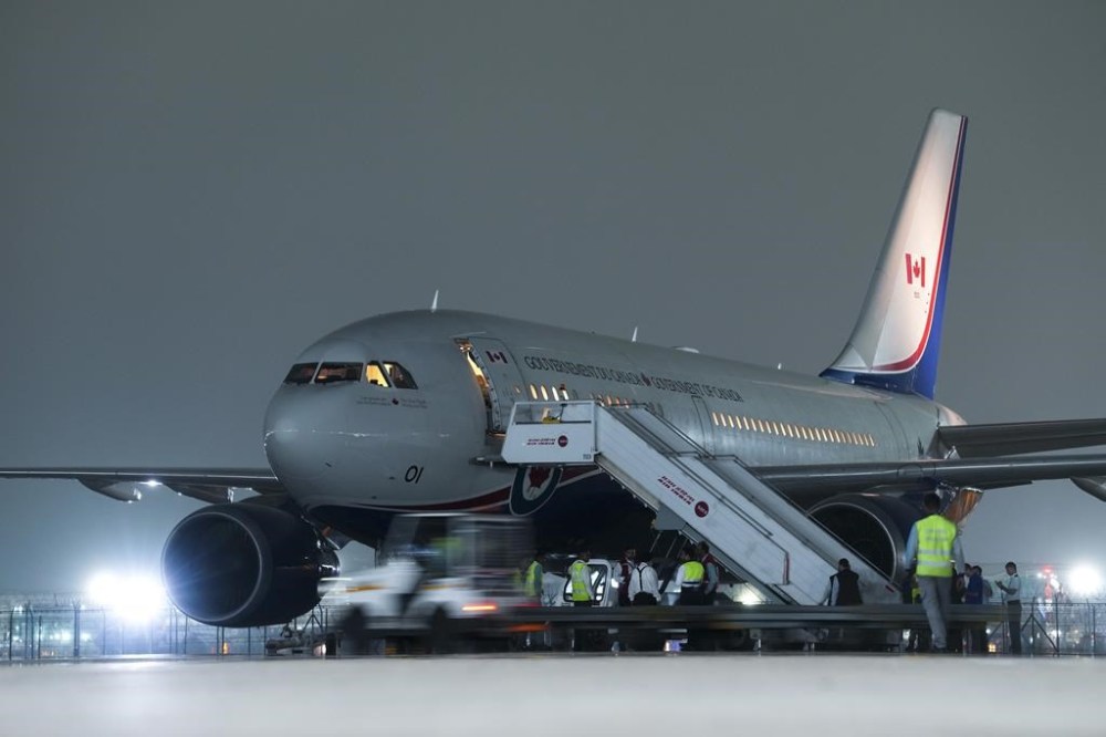 Canadian Prime Minister Justin Trudeau's plane is seen on the tarmac after being grounded due to a technical issue following the G20 Summit in New Delhi, India on Sunday, Sept. 10, 2023. THE CANADIAN PRESS/Sean Kilpatrick