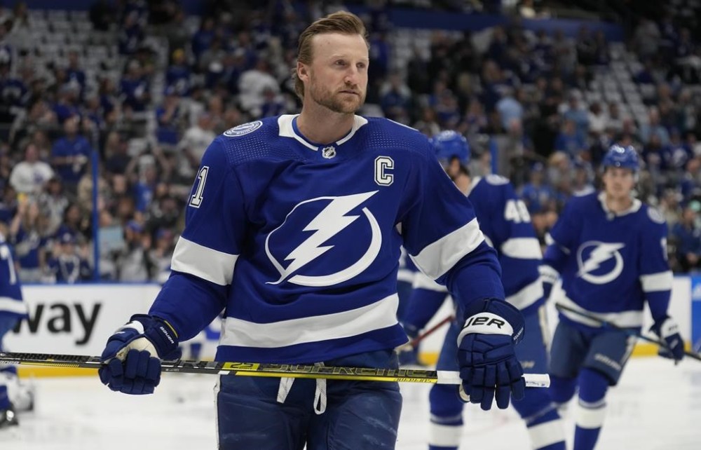 FILE - Tampa Bay Lightning center Steven Stamkos (91) skates before Game 3 of an NHL hockey Stanley Cup first-round playoff series against the Toronto Maple Leafs, Saturday, April 22, 2023, in Tampa, Fla. Lightning captain Steven Stamkos says he is disappointed about the lack of discussions with the team about a new contract as players report for training camp. Stamkos' current $68 million, eight-year deals ends after the upcoming season. (AP Photo/Chris O'Meara, File)