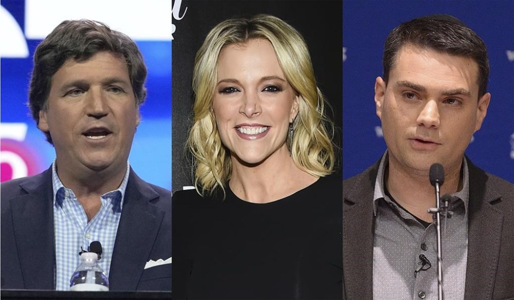 This combination of photos shows conservative talk show hosts, from left, Tucker Carlson, Megyn Kelly and Ben Shapiro. The departure of Rupert Murdoch as the leader of both Fox’s parent company and his News Corp. media holdings after decades at the helm is a seismic change in the conservative media landscape. People are increasingly turning to smaller sites, podcasts and other digital products to get news. Conservative media personalities such as Tucker Carlson, who was ousted by Fox in April, Daily Wire podcaster Ben Shapiro, and talk show host and podcaster Megyn Kelly are increasingly influential as well. (AP Photo)