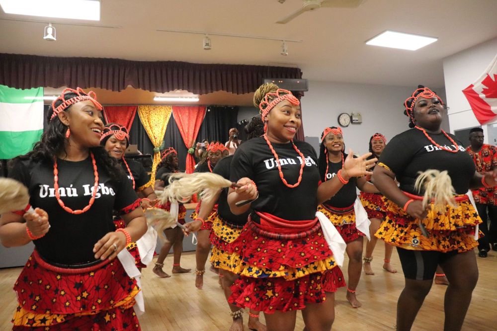 A group of local Igbo dancers perform at the Ukrainian Reading Association Hall Saturday afternoon in Brandon. This performance was just a small part of the Igbo Cultural Day and New Yam Festival, which highlighted the heritage of this African ethnic group that is growing in prominence in Westman. (Kyle Darbyson/The Brandon Sun)
